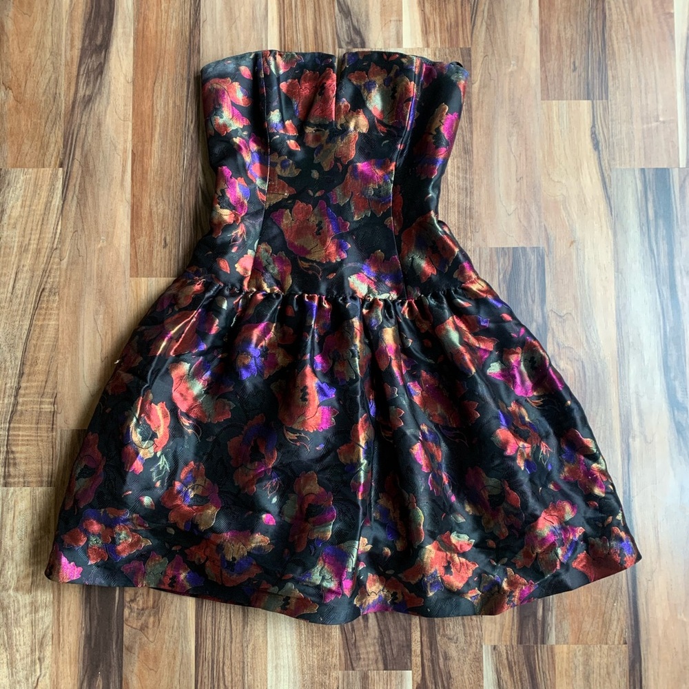 David Meister Floral Print Black Strapless Cocktail Dress